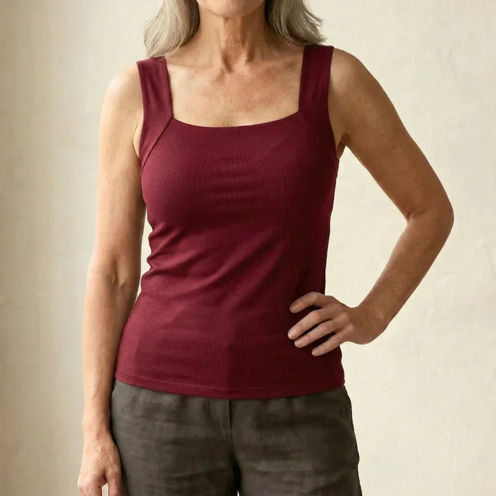 Women's Square-Neck Built-In Bra Sleeveless Tank Top - Burgundy