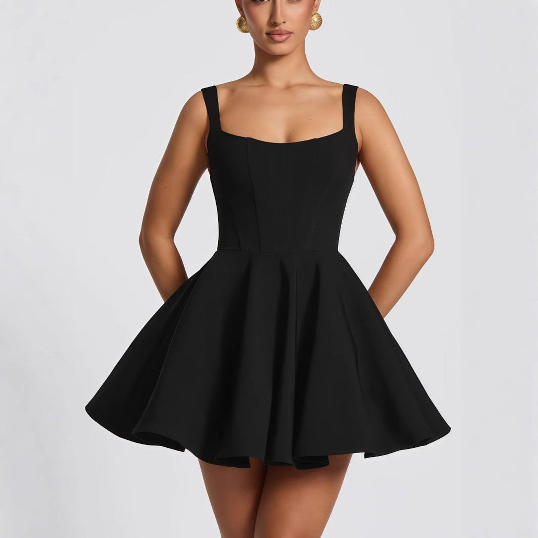 Women's Square-Neck Flared Mini Cocktail Dress Oversized Bow Back