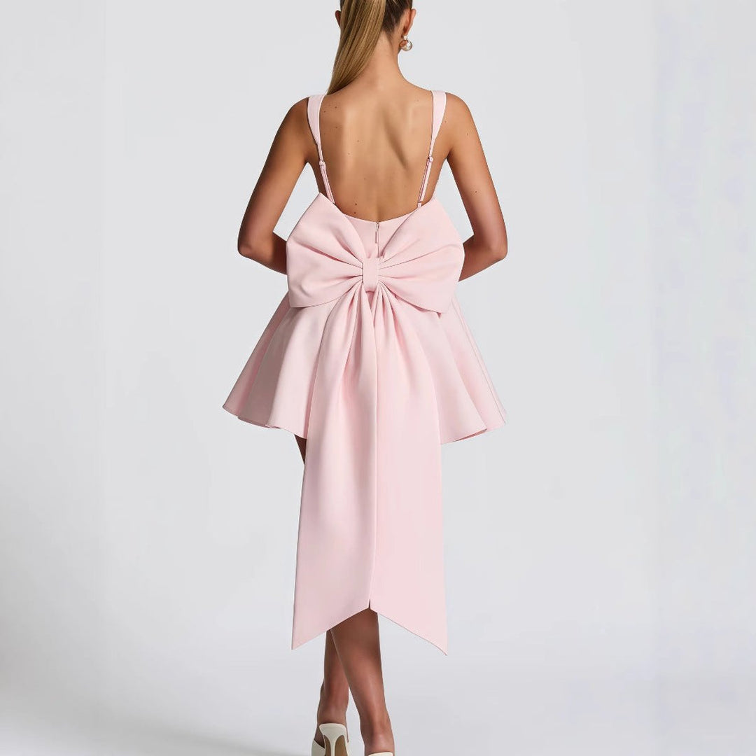 Women's Square-Neck Flared Mini Cocktail Dress Oversized Bow Back