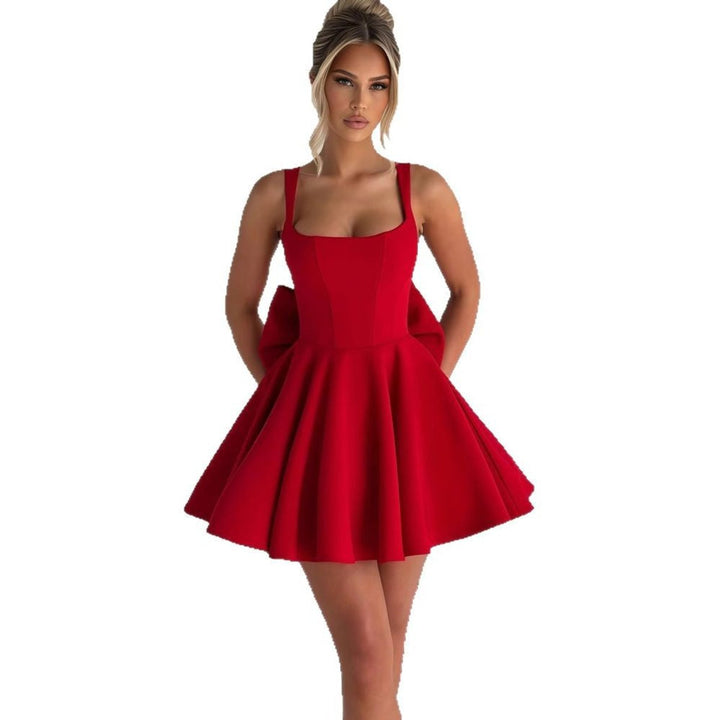 Women's Square-Neck Flared Mini Cocktail Dress Oversized Bow Back