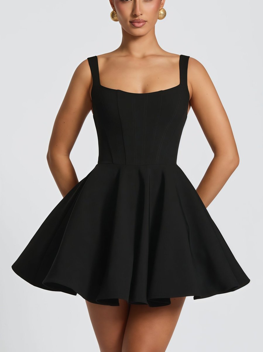 Women's Square-Neck Flared Mini Cocktail Dress Oversized Bow Back - Black