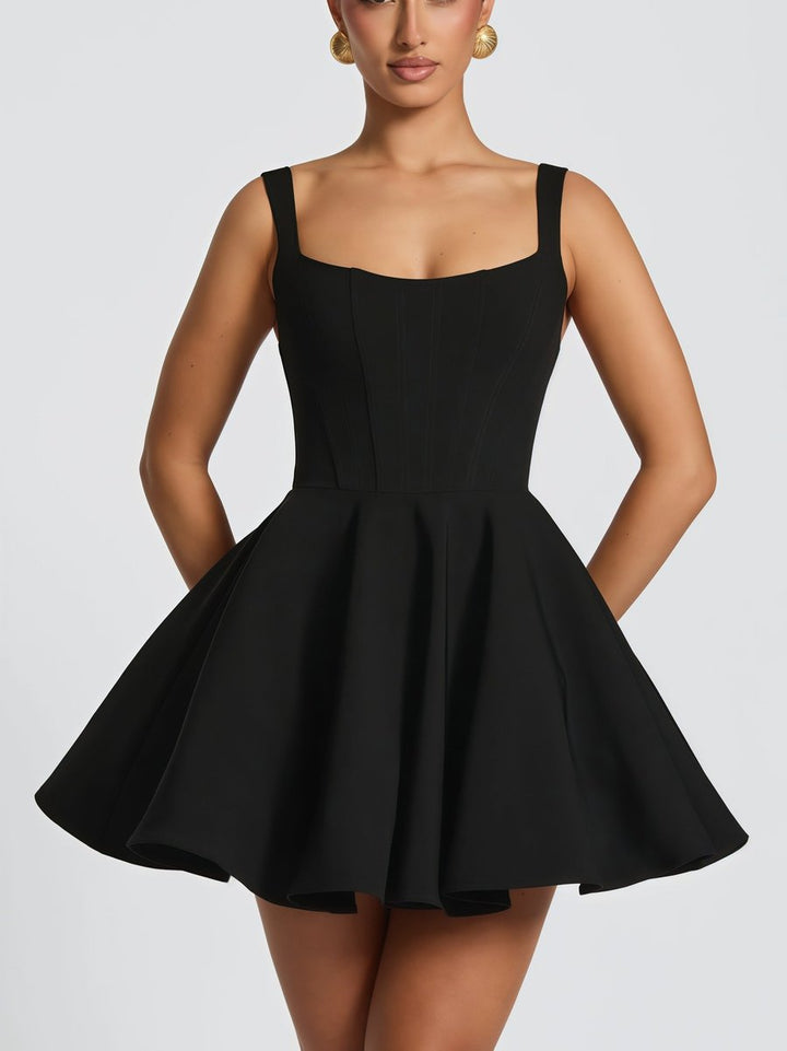 Women's Square-Neck Flared Mini Cocktail Dress Oversized Bow Back - Black