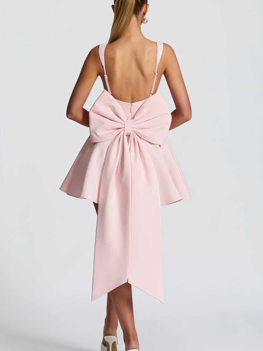 Women's Square-Neck Flared Mini Cocktail Dress Oversized Bow Back - Pink