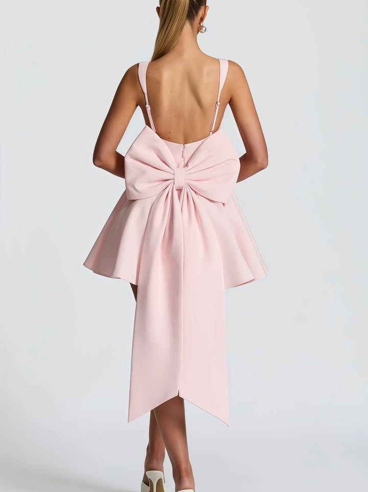Women's Square-Neck Flared Mini Cocktail Dress Oversized Bow Back - Pink