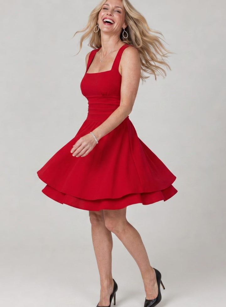 Women's Square Neck Flared Skirt Mini Cocktail Dress