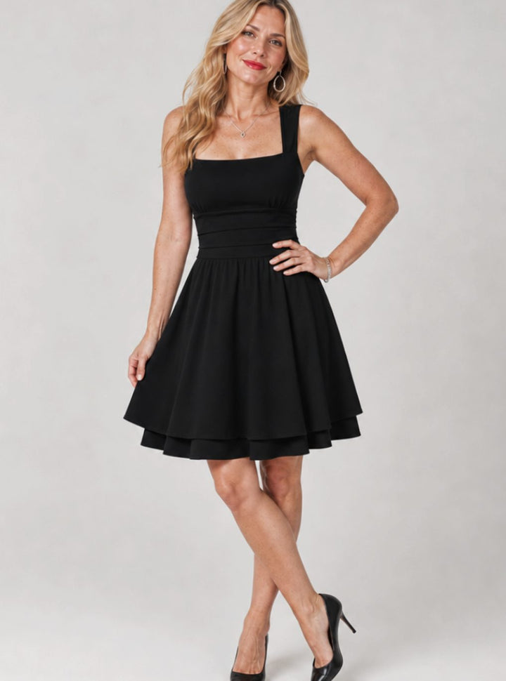 Women's Square Neck Flared Skirt Mini Cocktail Dress - Black