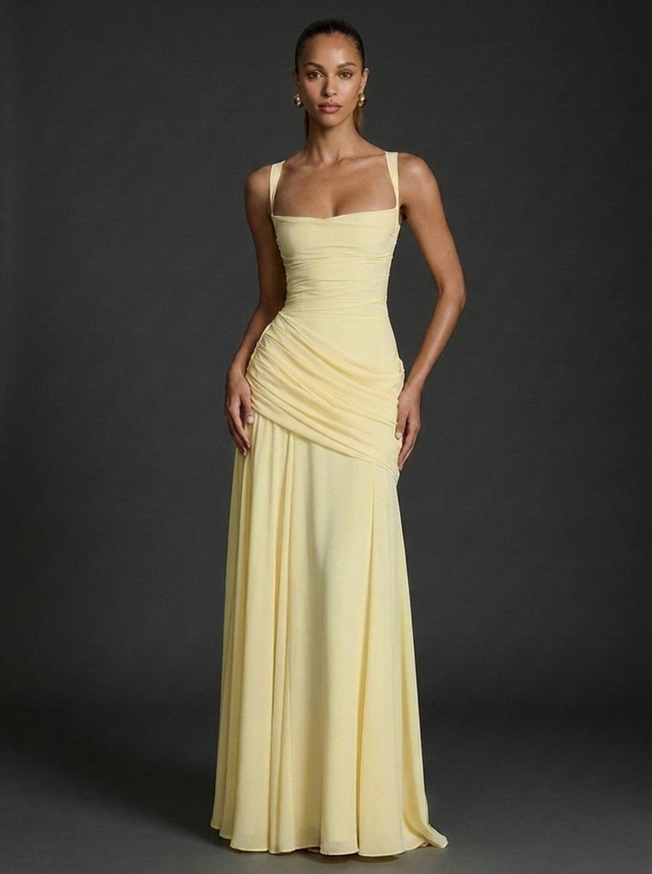 Women's Square-Neck Sleeveless Ruched Maxi Wedding Guest Dress - Butter Yellow