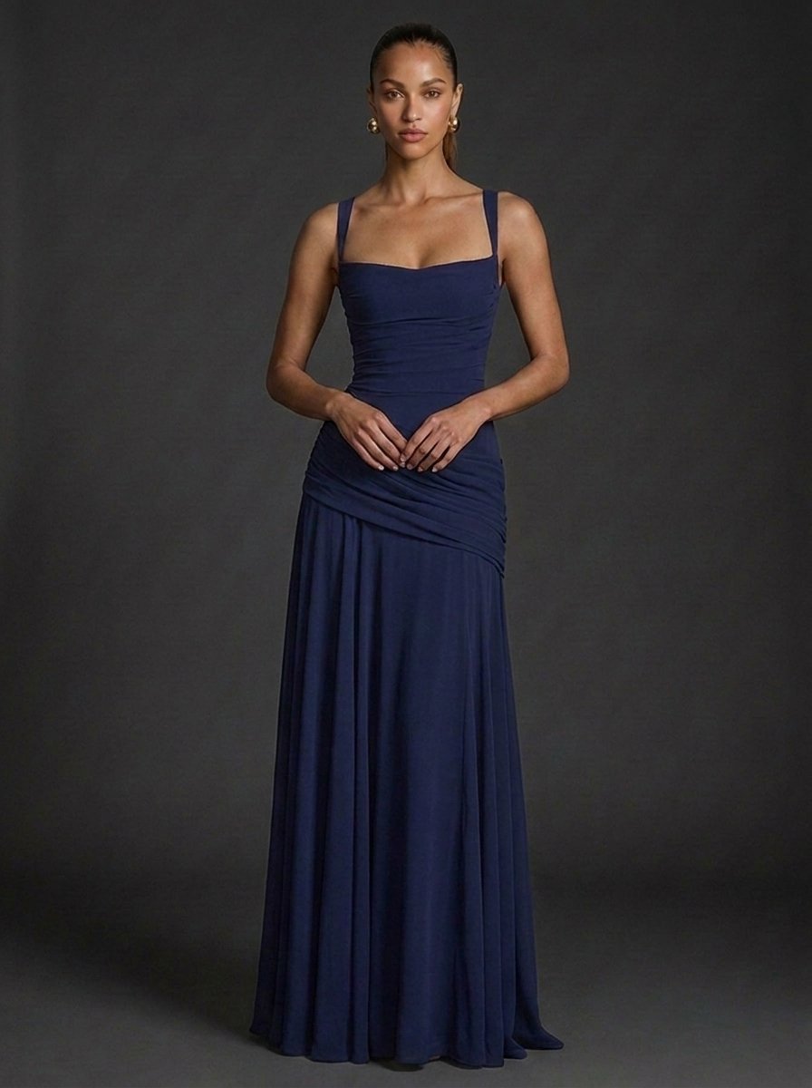 Women's Square-Neck Sleeveless Ruched Maxi Wedding Guest Dress - Dark Blue