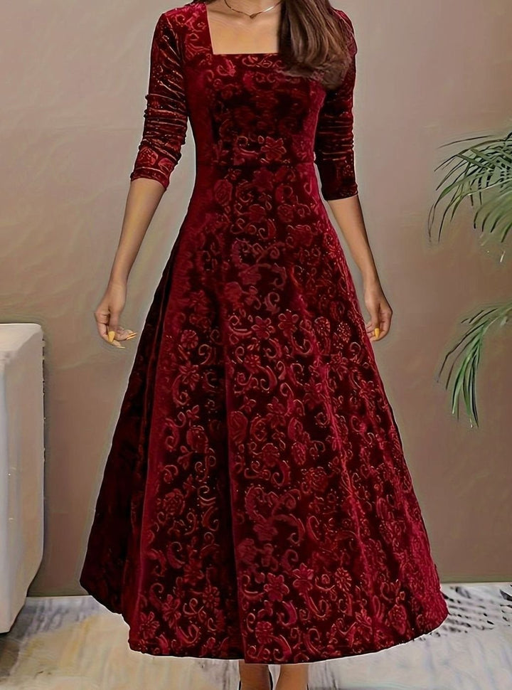 Women's Square Neck Velvet Party Dress Floral Embossed A-Line Midi - Dark Red
