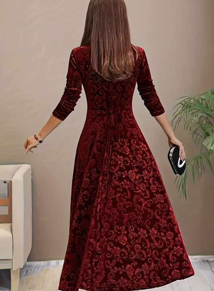 Women's Square Neck Velvet Party Dress Floral Embossed A-Line Midi