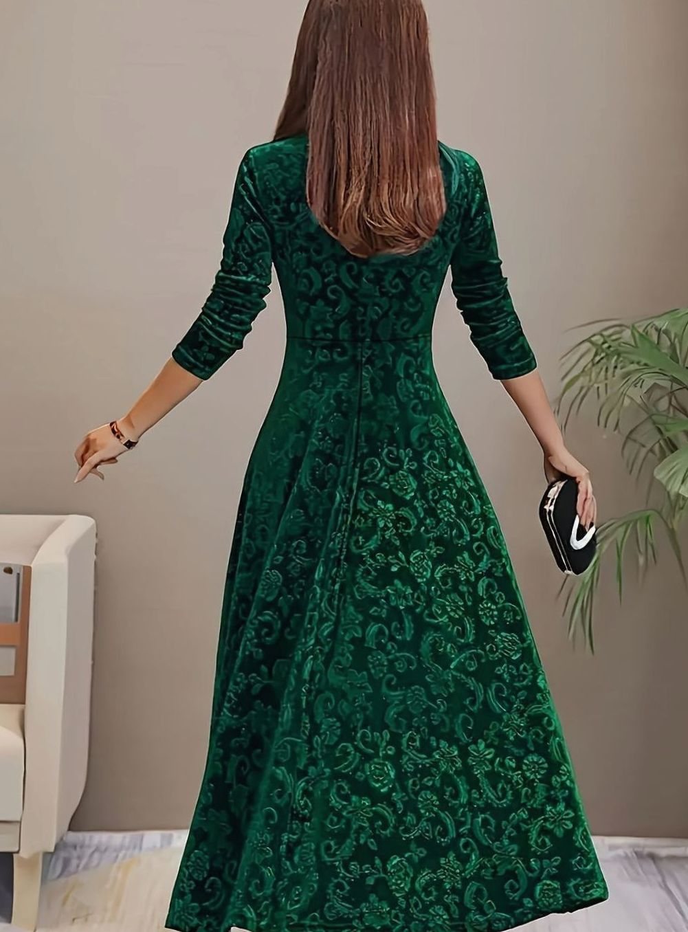 Women's Square Neck Velvet Party Dress Floral Embossed A-Line Midi