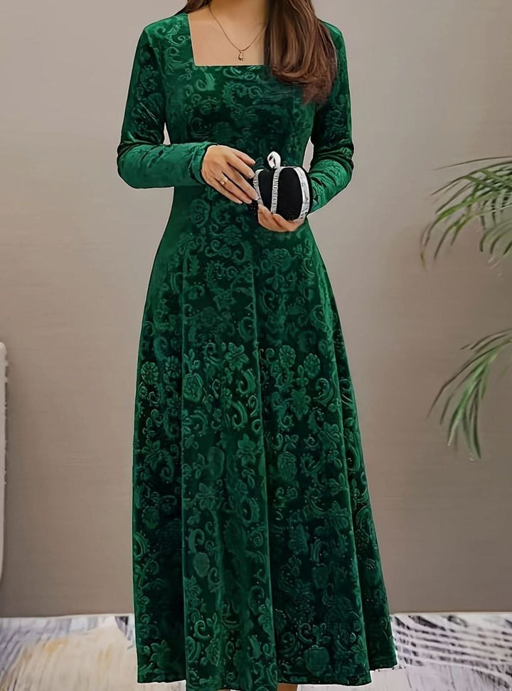 Women's Square Neck Velvet Party Dress Floral Embossed A-Line Midi - Green