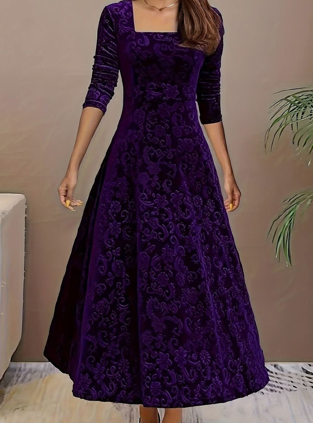 Women's Square Neck Velvet Party Dress Floral Embossed A-Line Midi - Purple