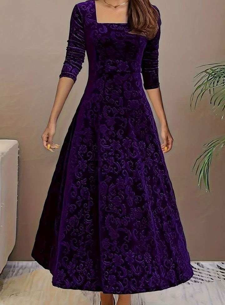 Women's Square Neck Velvet Party Dress Floral Embossed A-Line Midi - Purple