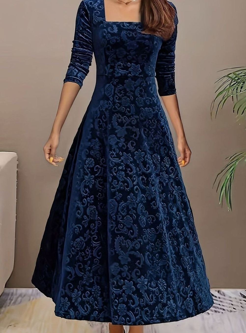 Women's Square Neck Velvet Party Dress Floral Embossed A-Line Midi - Blue
