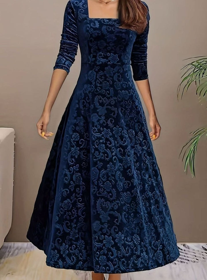Women's Square Neck Velvet Party Dress Floral Embossed A-Line Midi - Blue