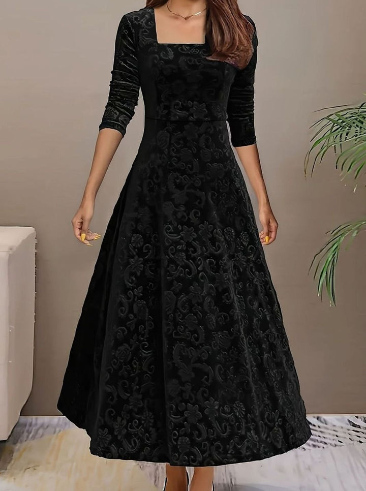Women's Square Neck Velvet Party Dress Floral Embossed A-Line Midi - Black