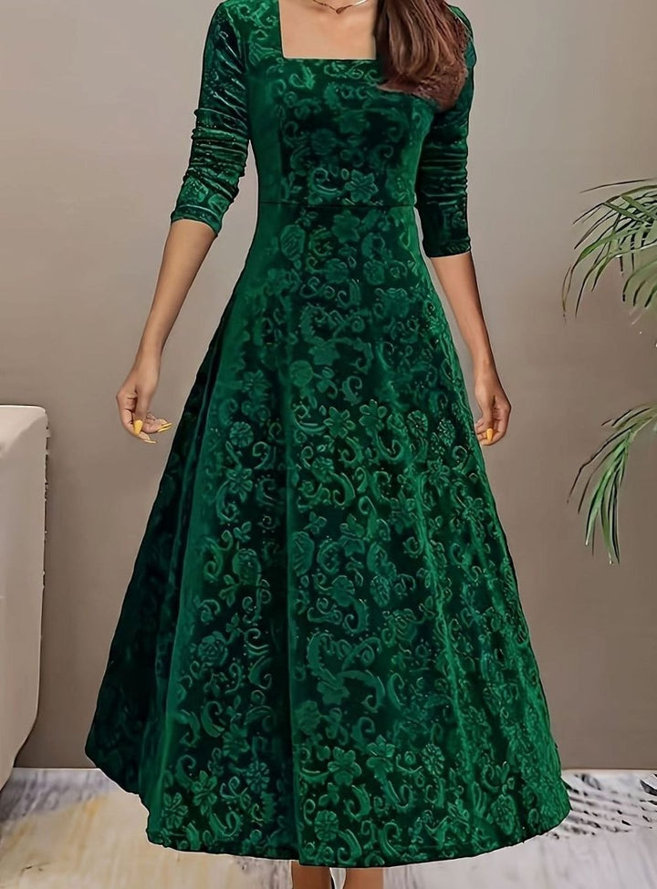 Women's Square Neck Velvet Party Dress Floral Embossed A-Line Midi