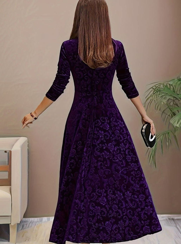 Women's Square Neck Velvet Party Dress Floral Embossed A-Line Midi