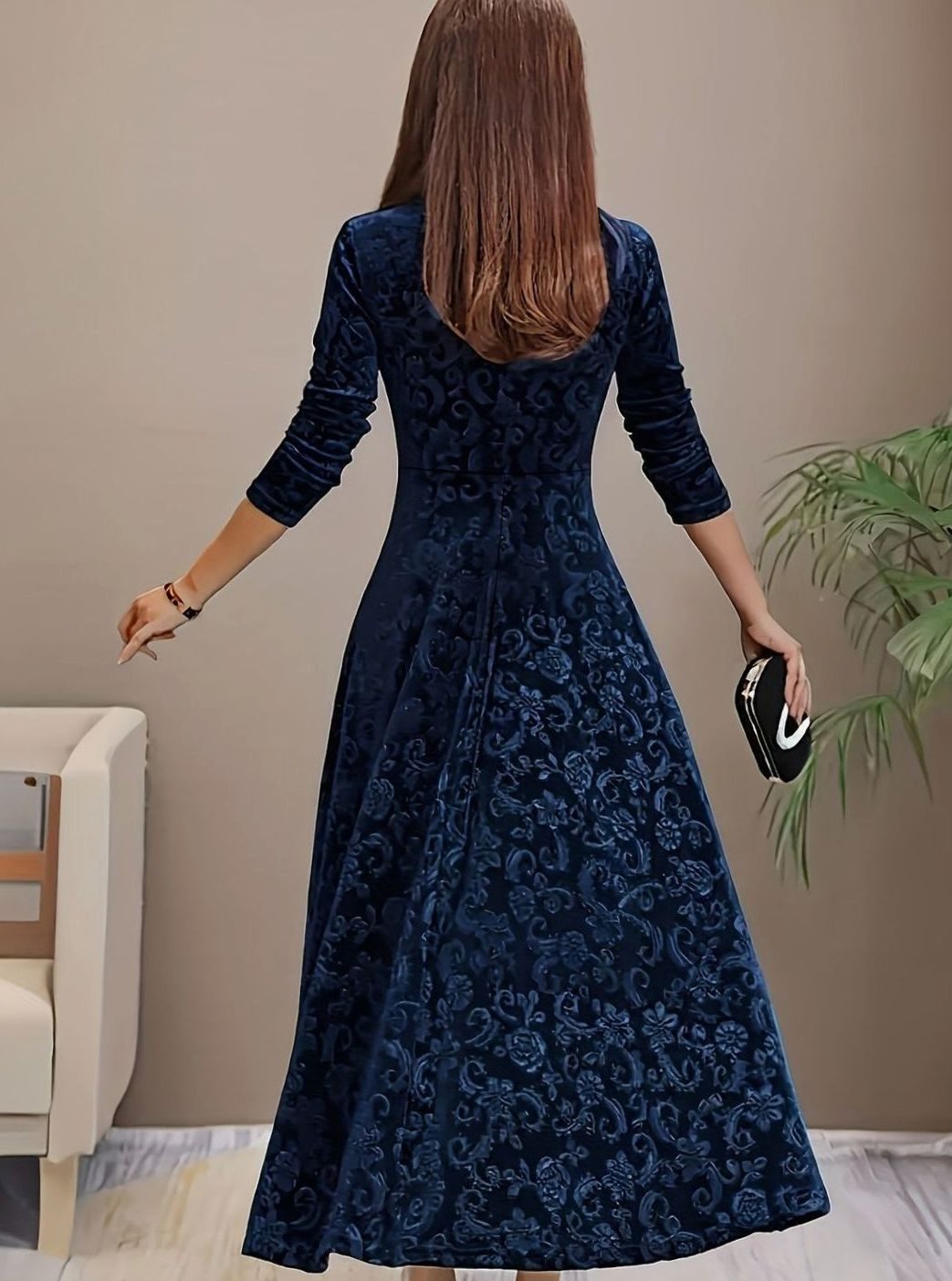 Women's Square Neck Velvet Party Dress Floral Embossed A-Line Midi