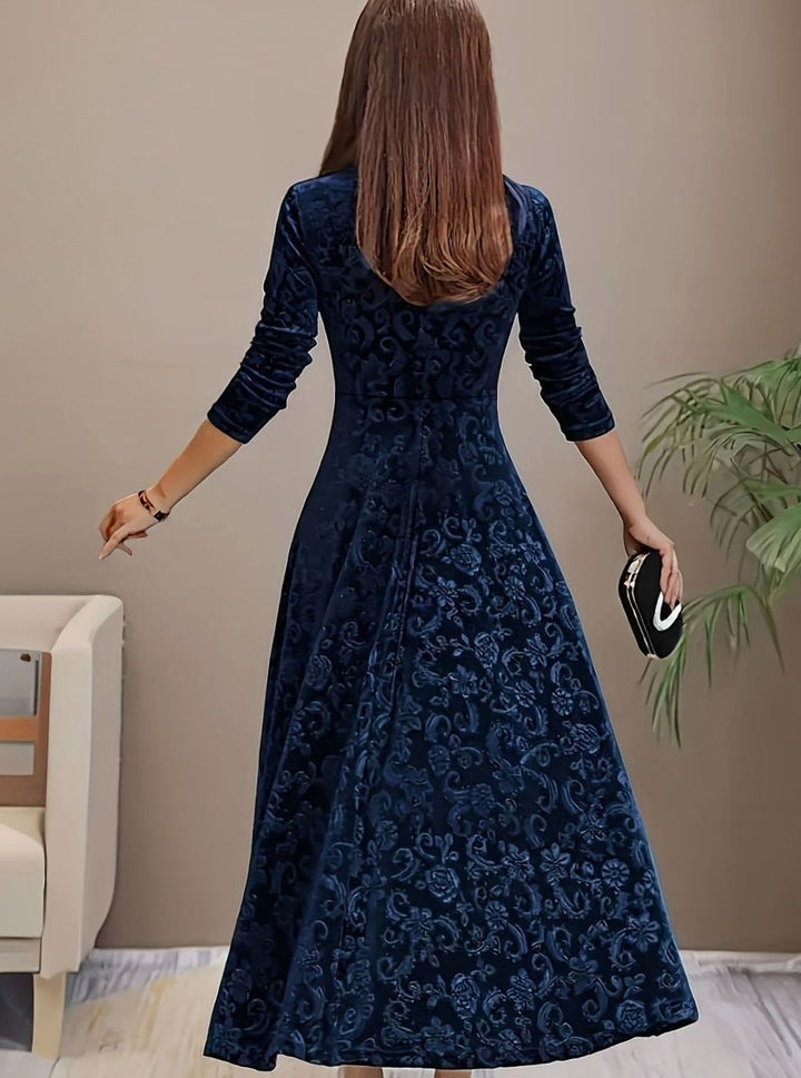Women's Square Neck Velvet Party Dress Floral Embossed A-Line Midi