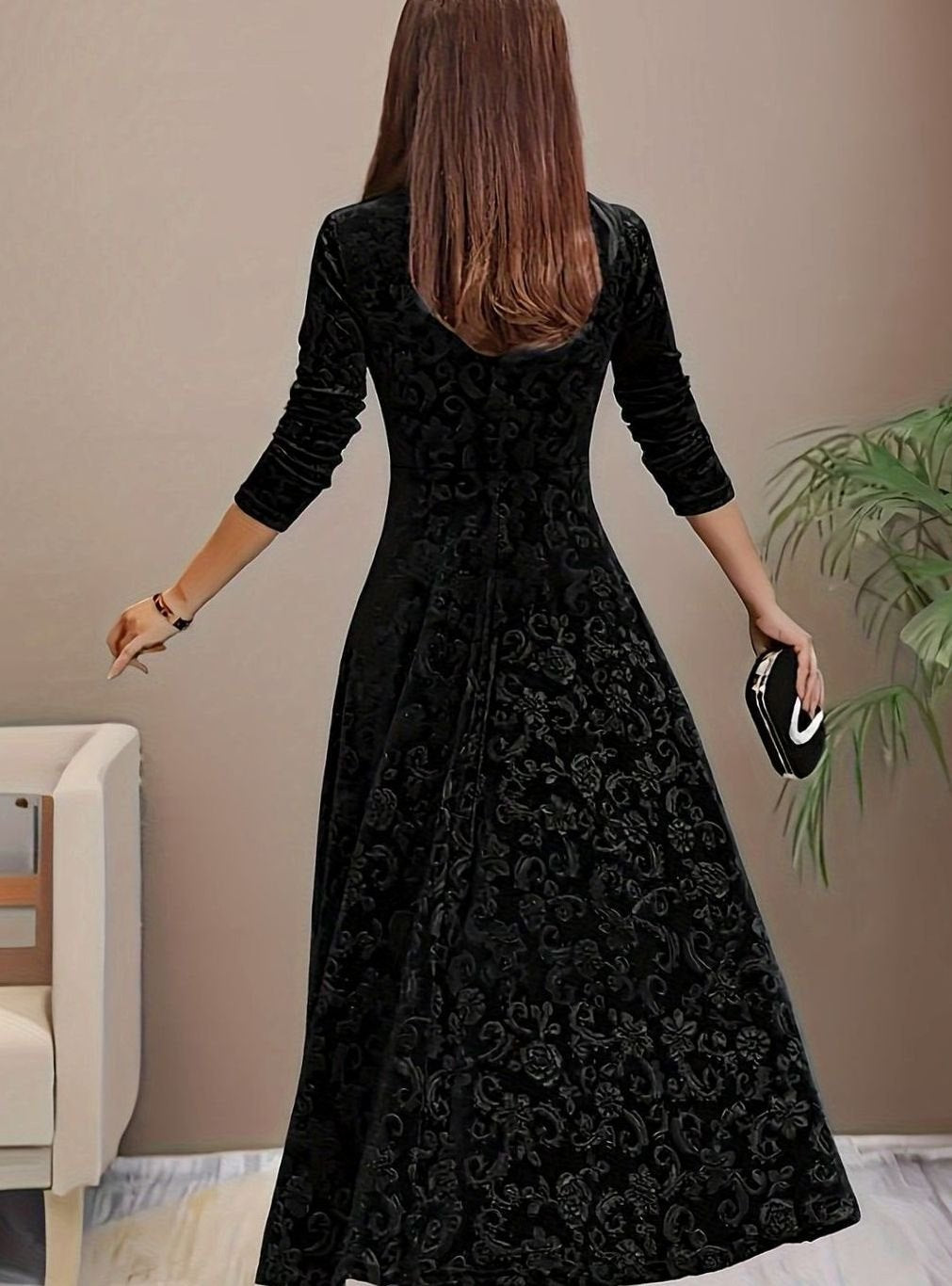 Women's Square Neck Velvet Party Dress Floral Embossed A-Line Midi