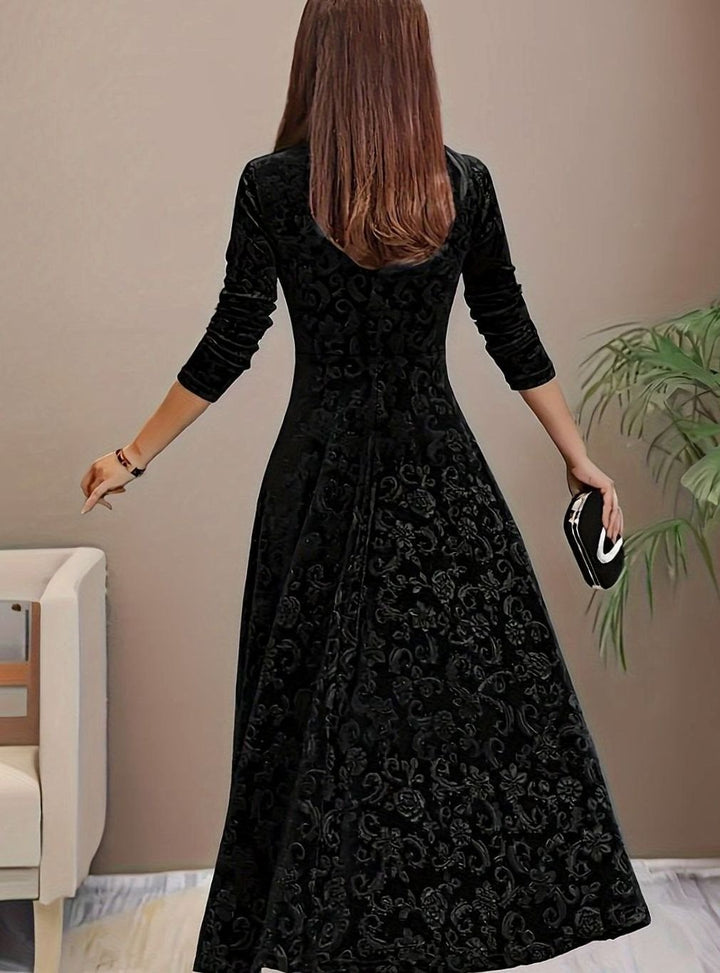 Women's Square Neck Velvet Party Dress Floral Embossed A-Line Midi