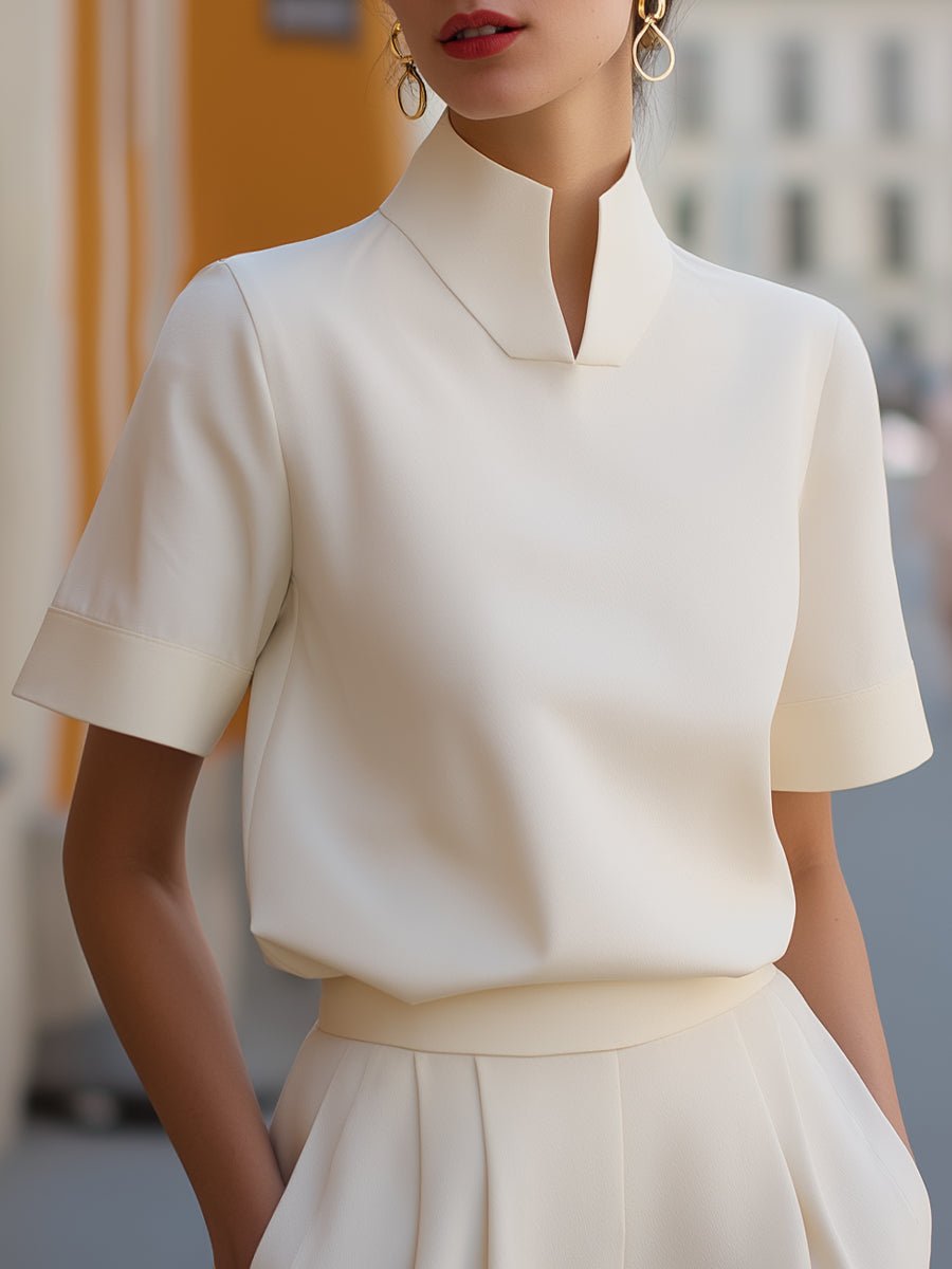 Women's Stand Collar Short Sleeve Structured Blouse - White