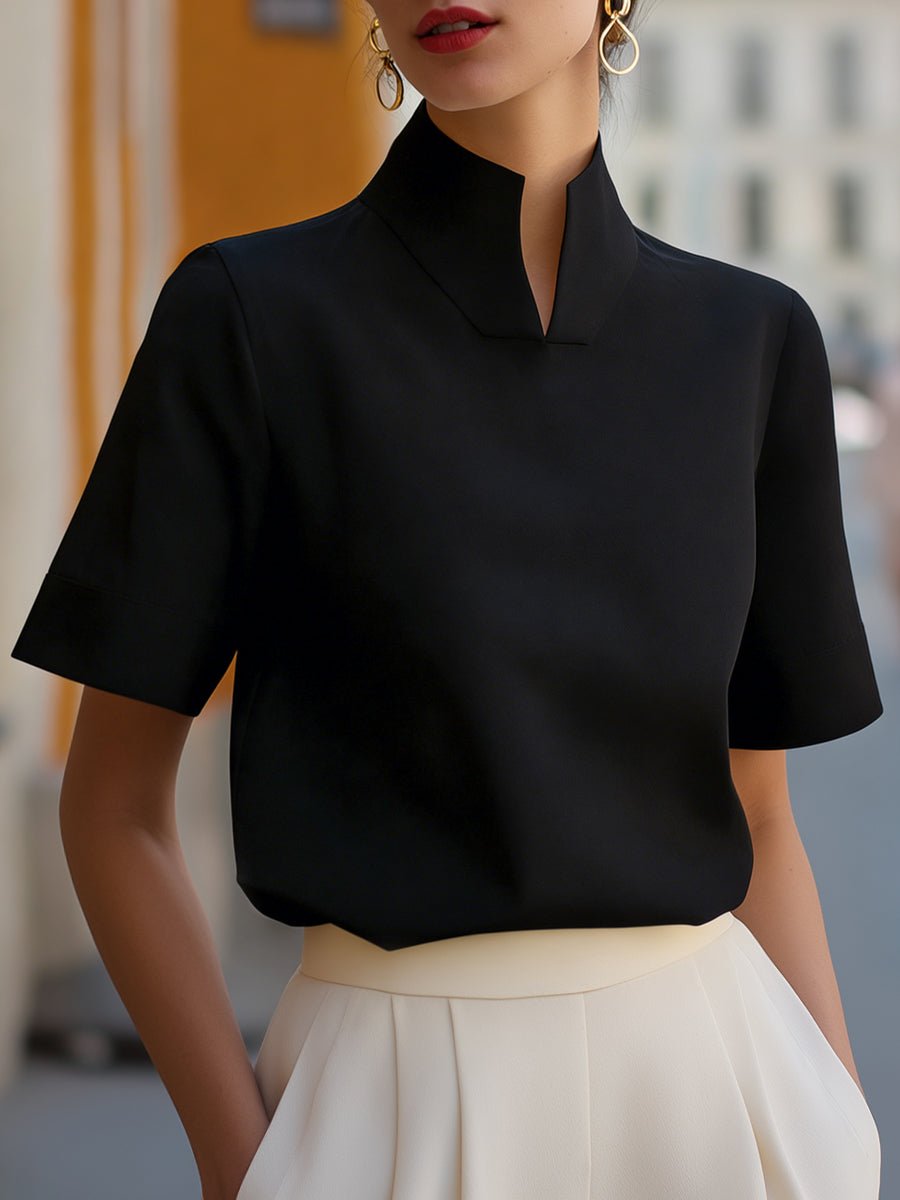 Women's Stand Collar Short Sleeve Structured Blouse - Black