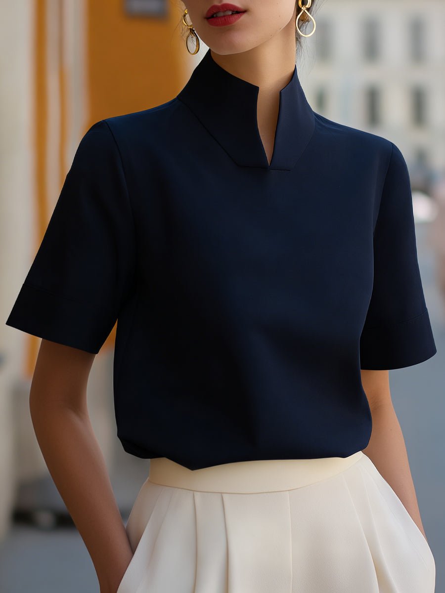 Women's Stand Collar Short Sleeve Structured Blouse - Navy Blue