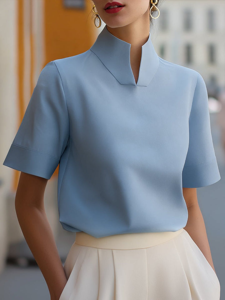 Women's Stand Collar Short Sleeve Structured Blouse - Blue