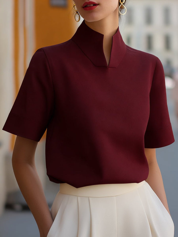 Women's Stand Collar Short Sleeve Structured Blouse - Burgundy