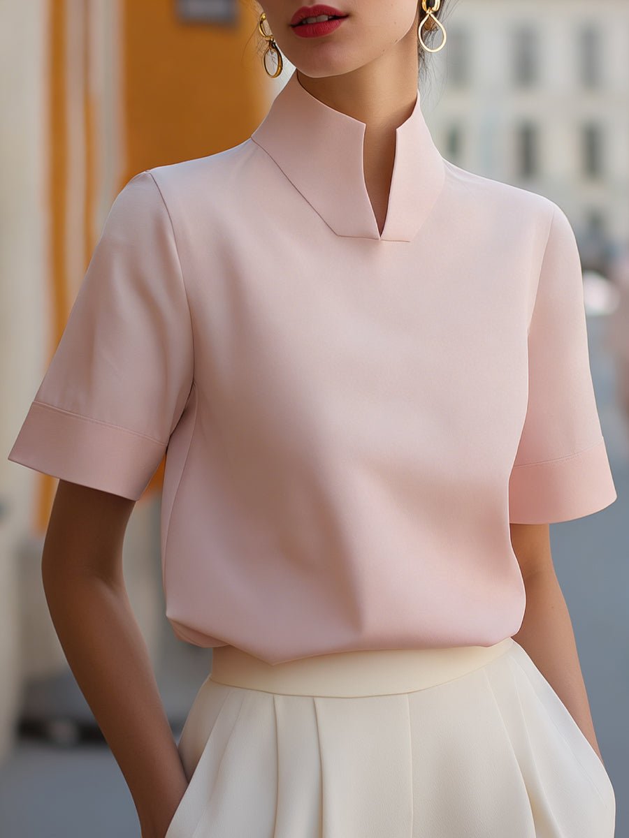 Women's Stand Collar Short Sleeve Structured Blouse - Pink