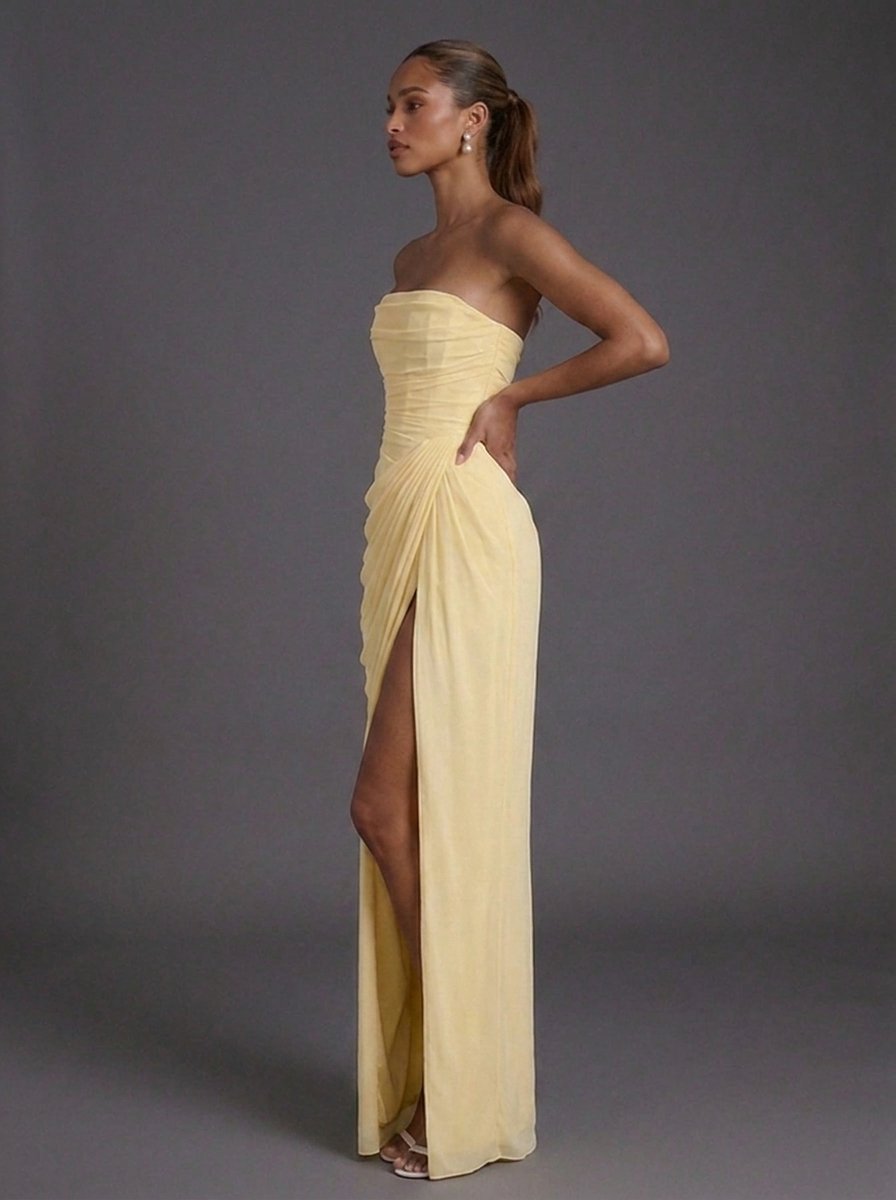 Women's Strapless Corset Ruched Split Maxi Dress