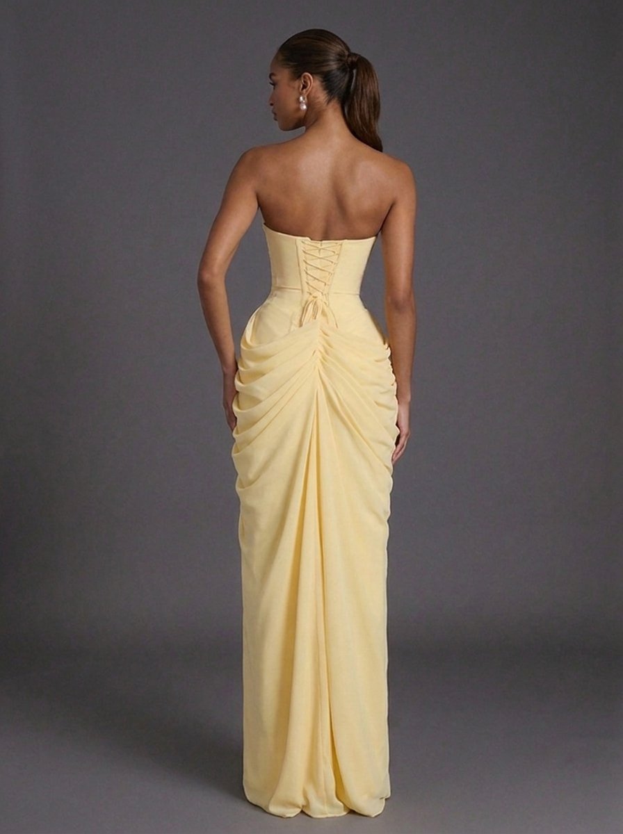 Women's Strapless Corset Ruched Split Maxi Dress