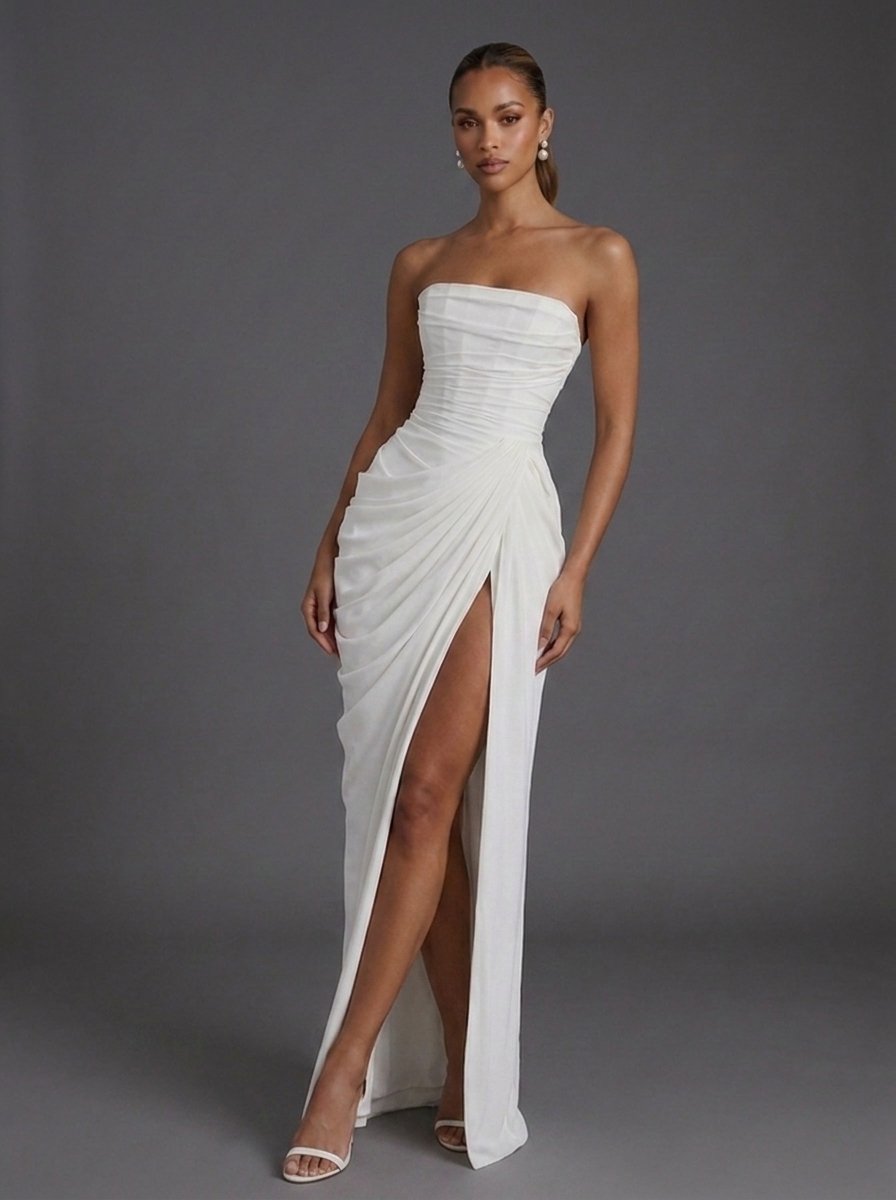 Women's Strapless Corset Ruched Split Maxi Dress - White