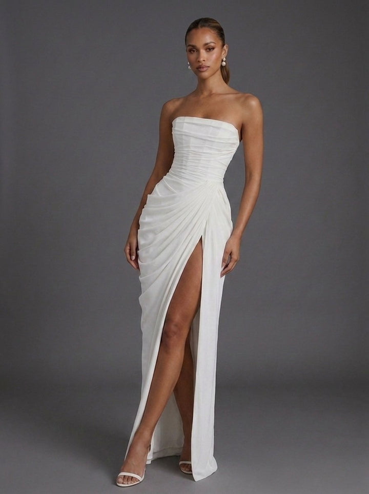 Women's Strapless Corset Ruched Split Maxi Dress - White