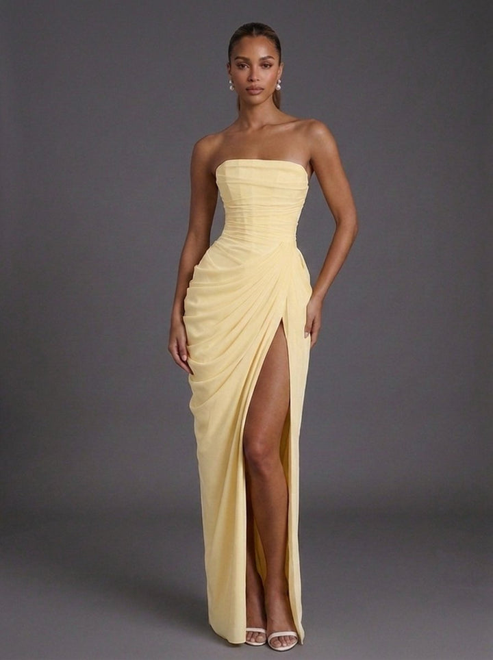 Women's Strapless Corset Ruched Thigh-Split Maxi Dress - Butter Yellow
