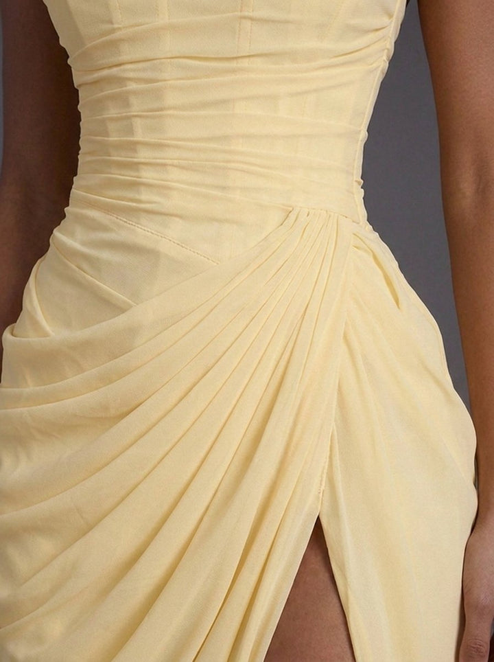 Women's Strapless Corset Ruched Thigh-Split Maxi Dress