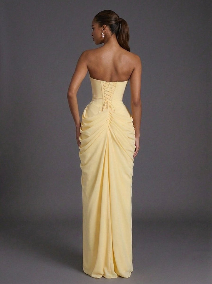 Women's Strapless Corset Ruched Thigh-Split Maxi Dress