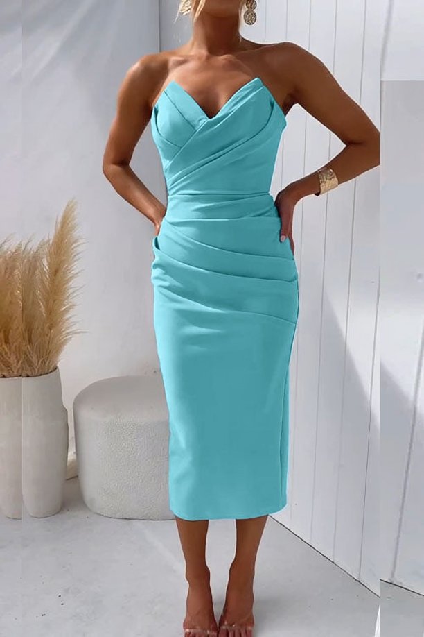 Women's Strapless Draped Sweetheart Midi Dress - Turquoise