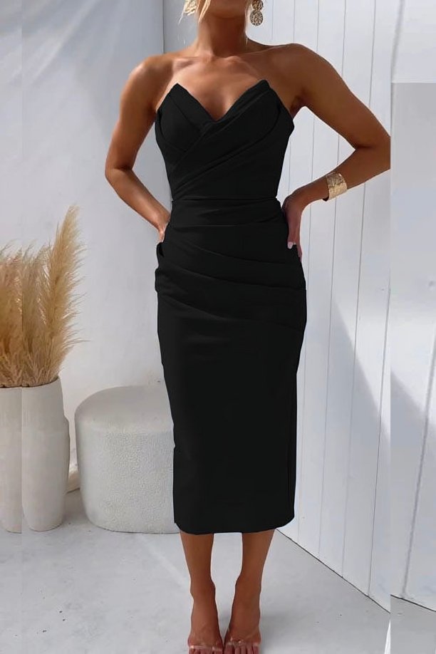 Women's Strapless Draped Sweetheart Midi Dress - Black