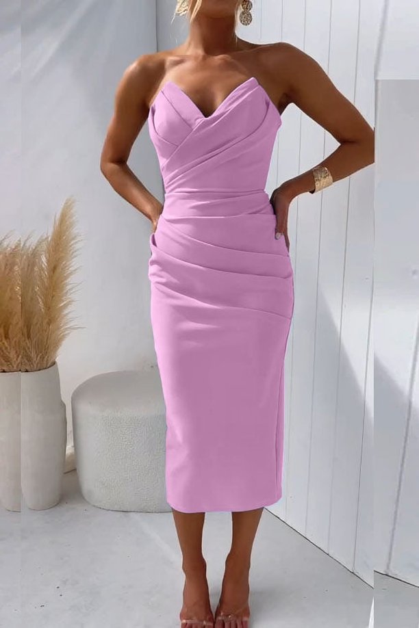 Women's Strapless Draped Sweetheart Midi Dress - Pink