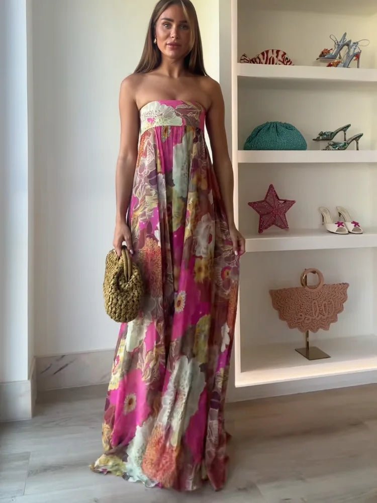 Women's Strapless Floral Maxi Wedding Guest Dress