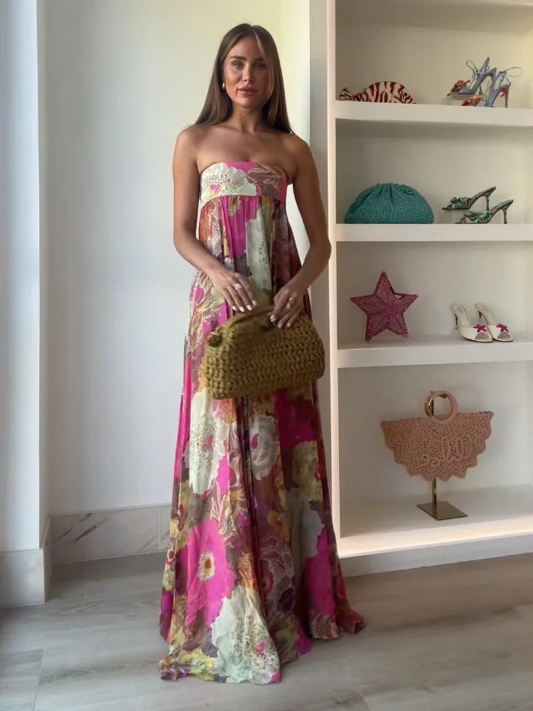 Women's Strapless Floral Maxi Wedding Guest Dress
