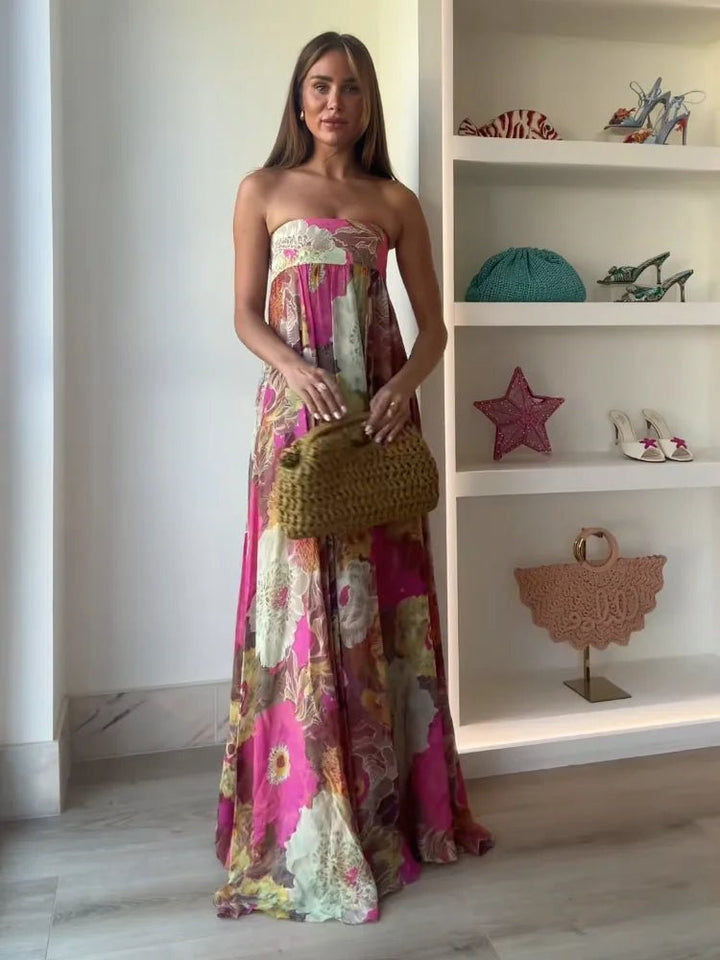 Women's Strapless Floral Maxi Wedding Guest Dress