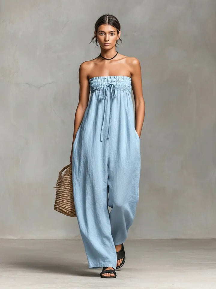 Women's Strapless Linen Wide-Leg Jumpsuit - Light Blue
