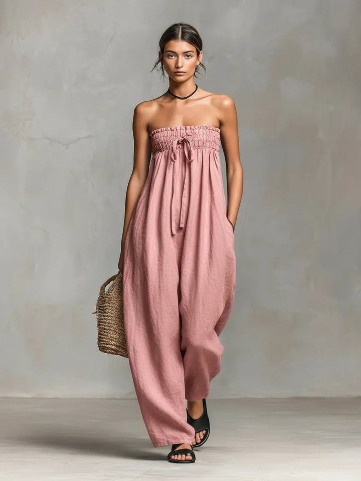 Women's Strapless Linen Wide-Leg Jumpsuit - Light Pink