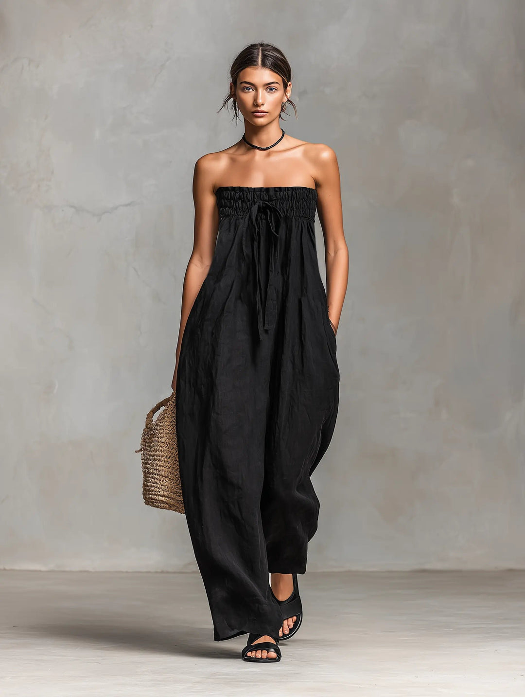 Women's Strapless Linen Wide-Leg Jumpsuit