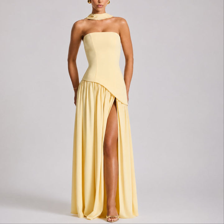 Women's Strapless Open-Back Split-Skirt Fall Wedding Guest Maxi Dress - Yellow